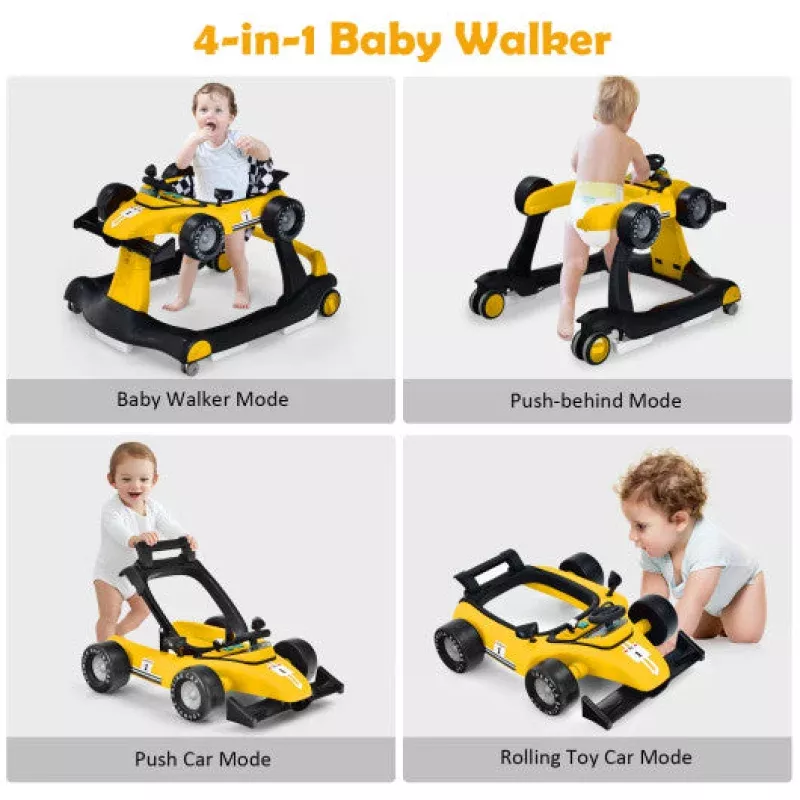 4-in-1 Foldable Activity Push Walker With Adjustable Height-Yellow