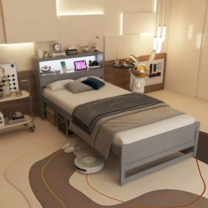 Twin Size Bed Frame With Storage Headboard and Charging Station-Gray