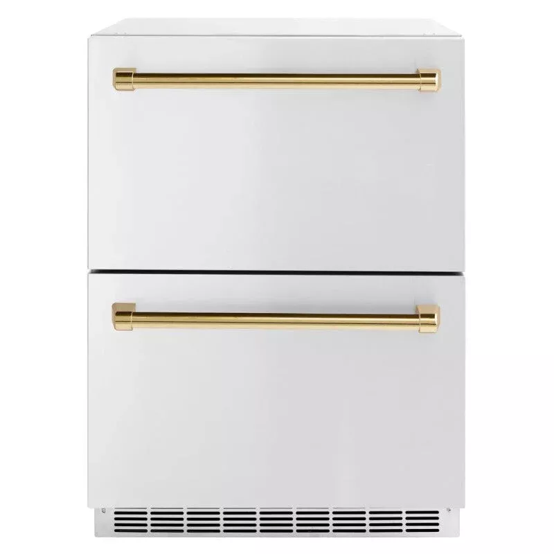 ZLINE RDSOZST24G Autograph Edition 24 In. Touchstone 168 Can Outdoor-rated Dual Refrigerator Drawer With Stainless Steel Doors And Polished Gold Handles