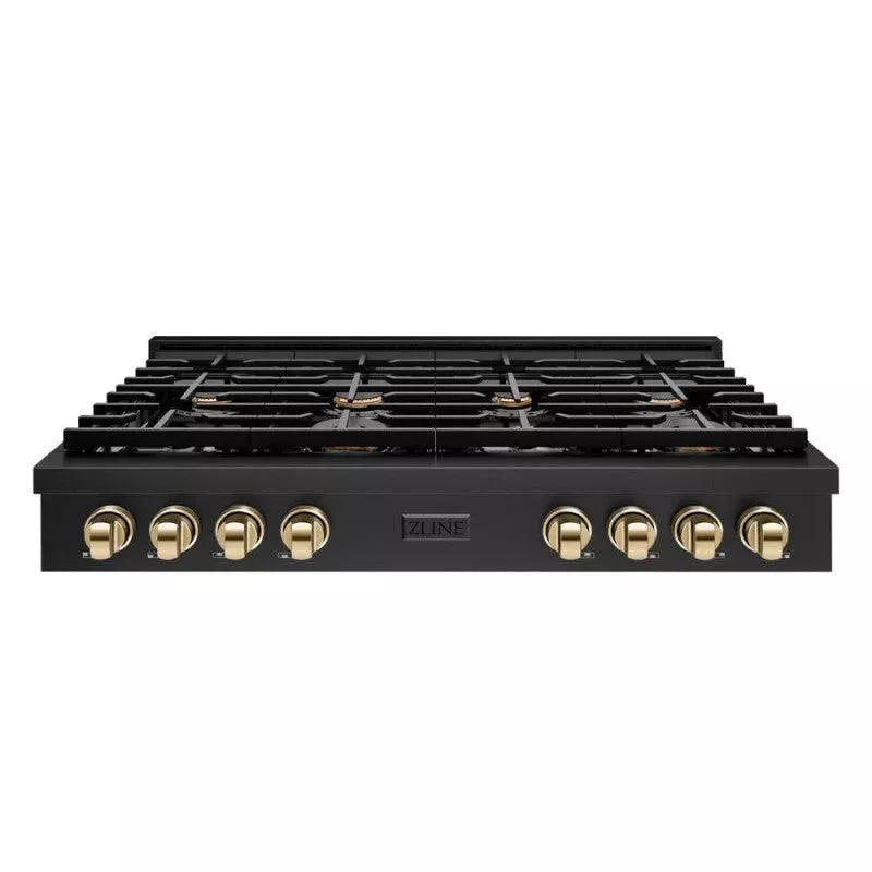 ZLINE SRTBZ48G Autograph Edition 48 In. Paramount Gas Rangetop With 8 Burners And Porcelain Cooktop In Black Stainless Steel With Polished Gold Accents